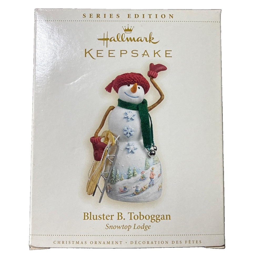 2006 Hallmark BLUSTER B TOBOGGAN Snowtop Lodge Ornament #2 In Series Snowman